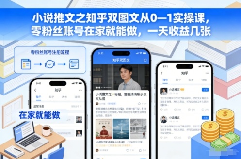 小说推文之知乎双图文从0—1实操课，零粉丝账号在家就能做，一天收益几张-云创网