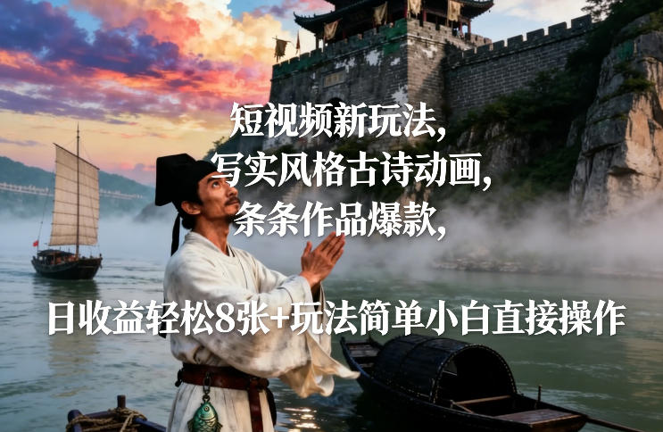 短视频新玩法，写实风格古诗动画，条条作品爆款，日收益轻松8张+玩法简单小白直接操作-云创网