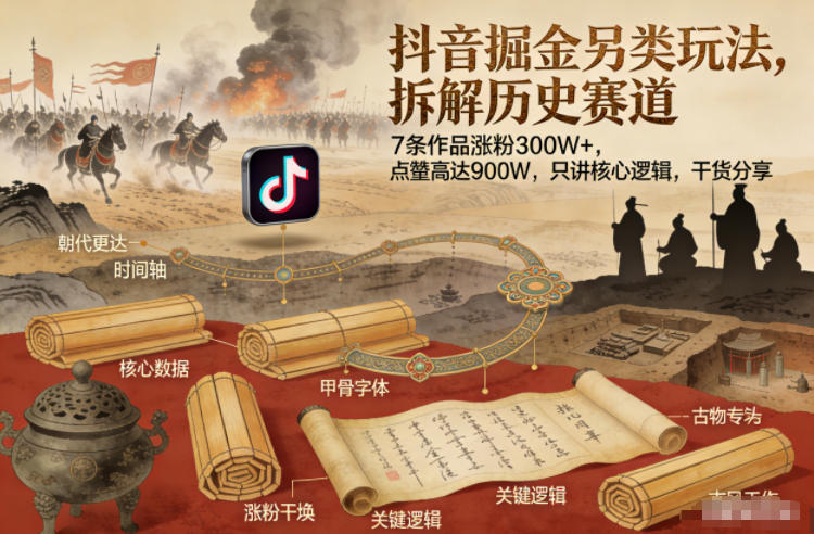 抖音掘金另类玩法，拆解历史赛道，7条作品涨粉300W+，点赞量高达900W，只讲核心逻辑，干货分享-云创网
