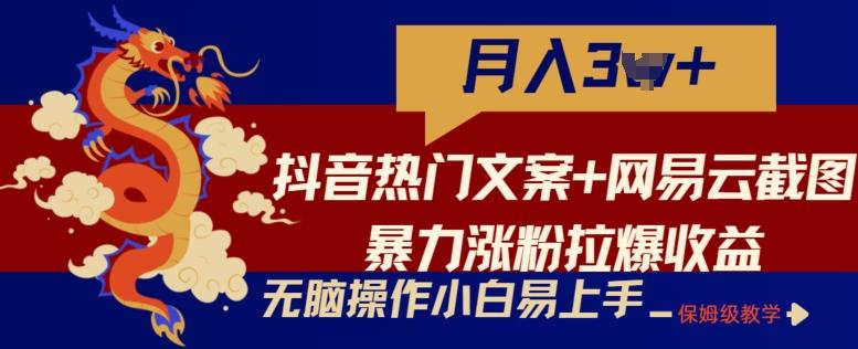 抖音热门文案+网易云截图暴力涨粉拉爆收益玩法，小白无脑操作，简单易上手【揭秘】-云创网