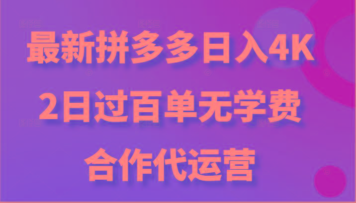 最新拼多多，日入4K+，2日过百单无学费，合作代运营-云创网